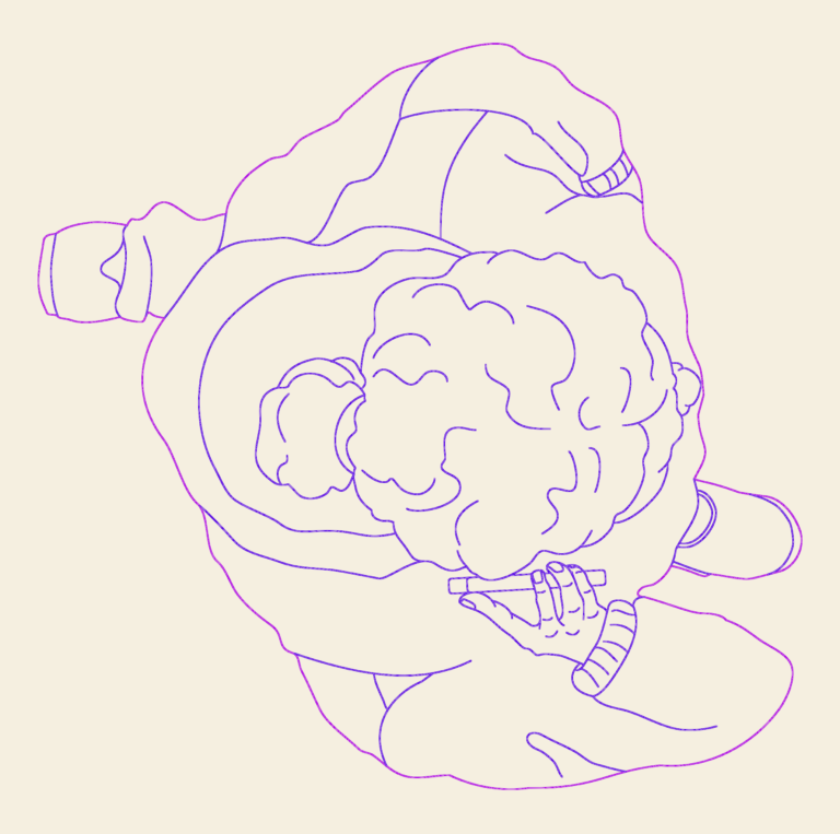 Top view CAD drawing of a woman walking while holding a mobile phone.