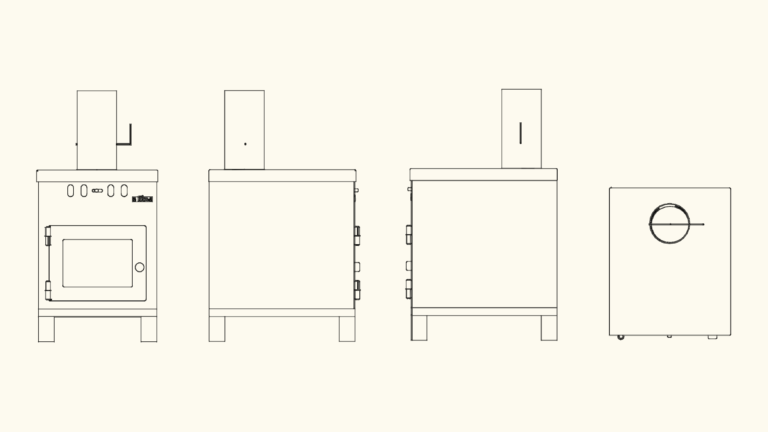 Four 2D CAD views of a wood burning stove including front, side, back elevations and a top plan view.