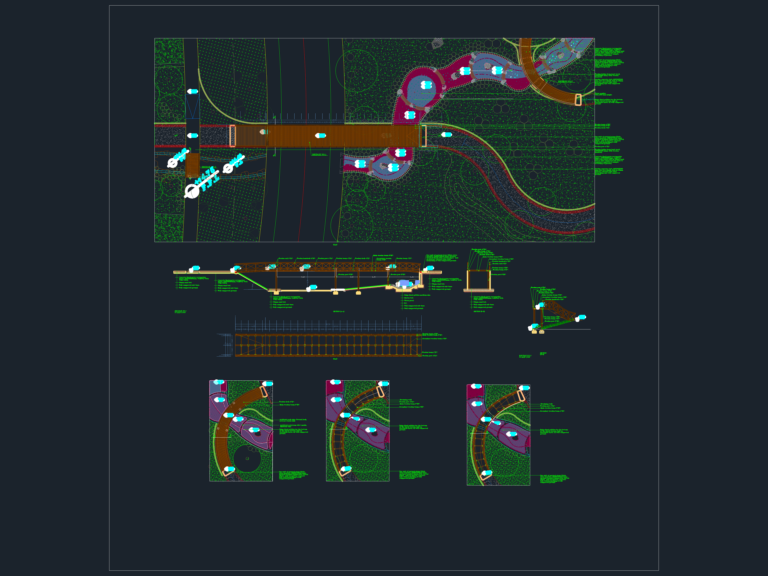 CAD plan and section drawings for three timber bridges over a water stream with material specifications.