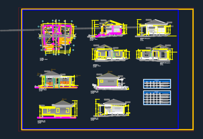 Architectural sheet for a wooden bungalow showing the floor plan, four elevations, and cross-sections.