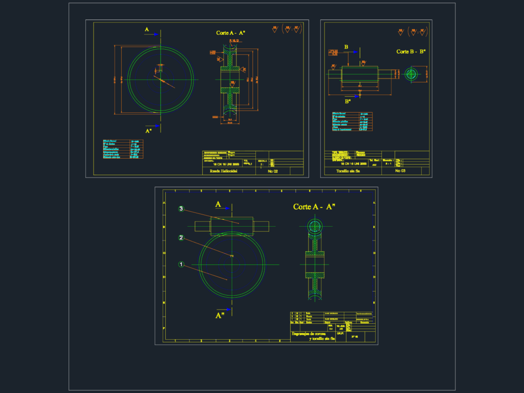 Mechanical CAD drawing showing section views and technical tables for a worm gear and screw reducer assembly.