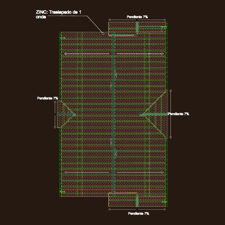 CAD drawing showing roof plan with 7% slope annotations and corrugated zinc material callouts.