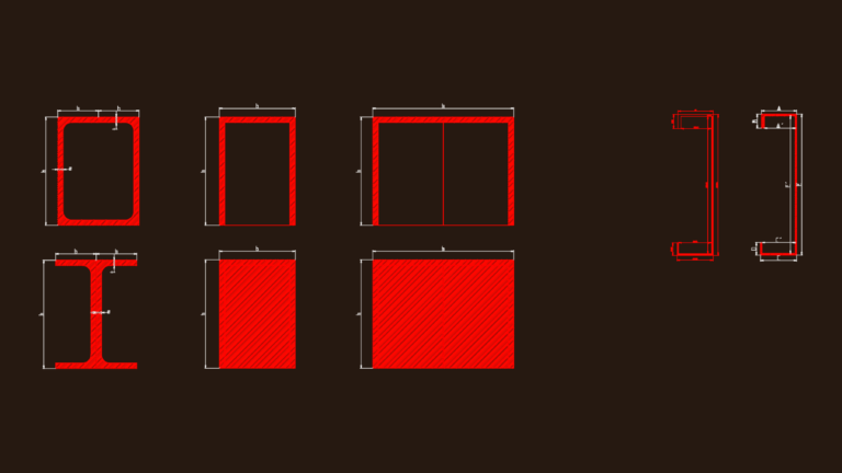 CAD drawing of structural steel profiles like I-beams and C-channels with dimension labels.