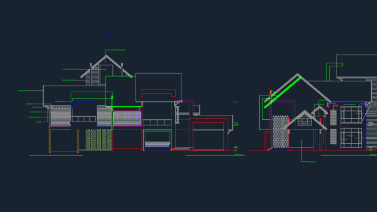 CAD elevation of a villa with laser-cut metal cladding and wooden louvers.