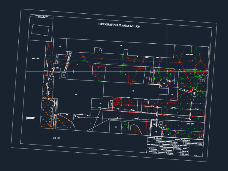 1:500 scale topographic survey plan showing underground utility networks and site elevations in Gargždai.