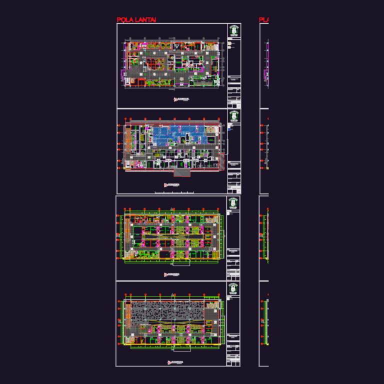 Architectural floor plans and siteplan for a 4-story hospital facility with parking and department layouts.