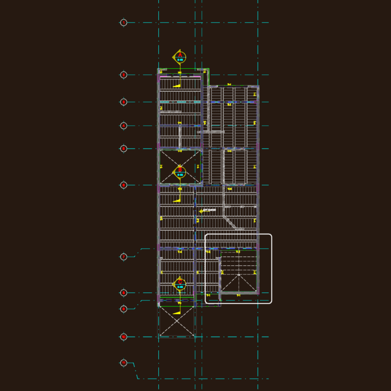 Structural mezzanine floor plan with beam grids and steel reinforcement notations.