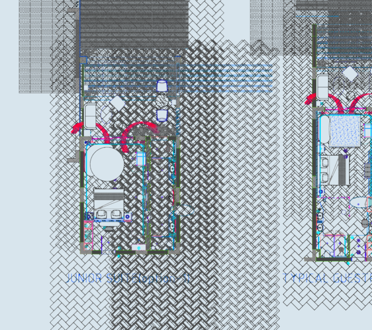 Architectural floor plan and electrical layout for a hotel guestroom and junior suite.