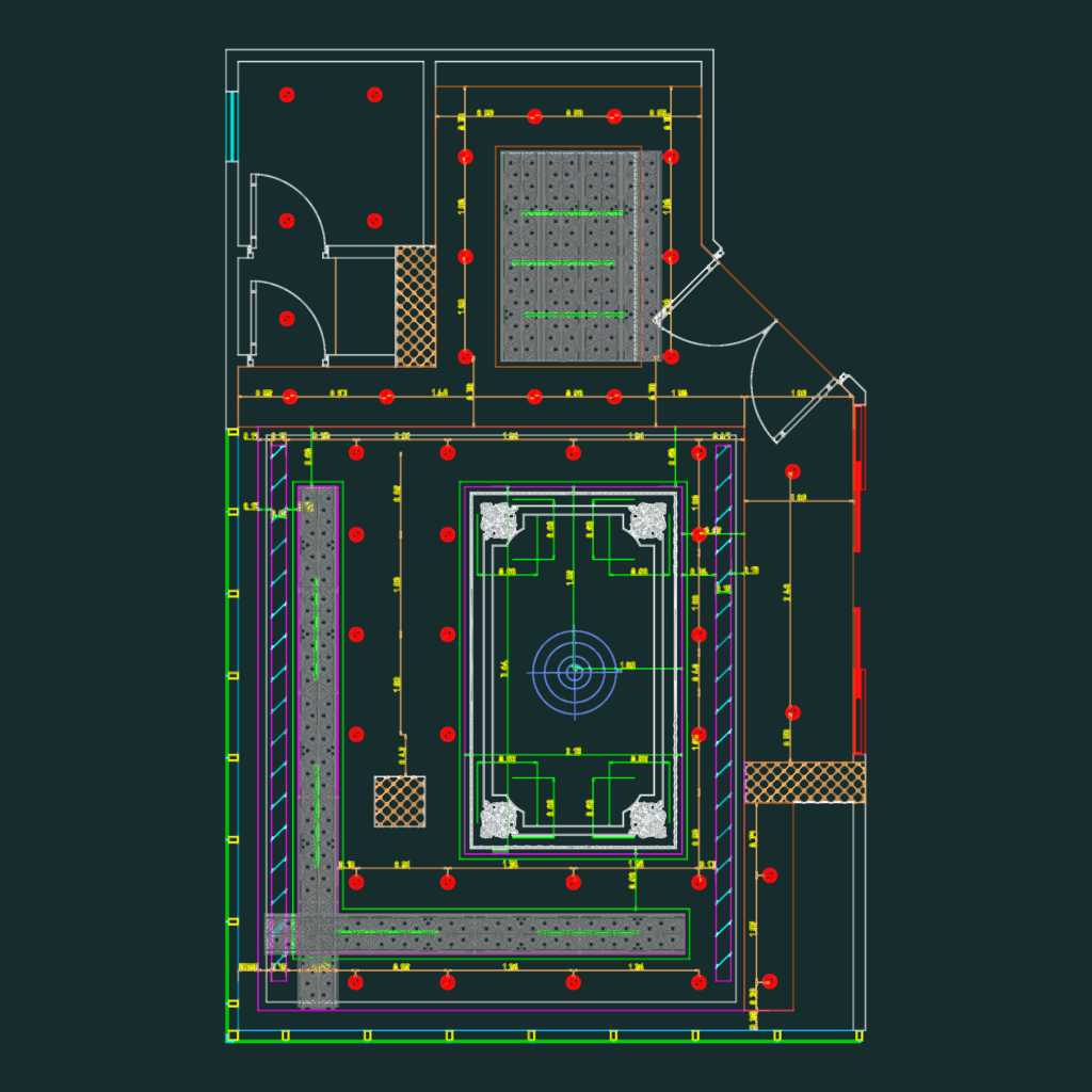 Office floor plan and wall section showing wooden cladding, cornices, and ceiling lighting details.
