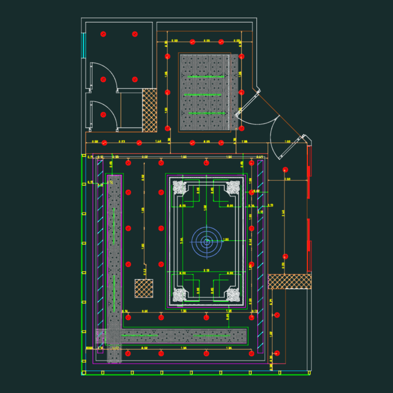 Office floor plan and wall section showing wooden cladding, cornices, and ceiling lighting details.