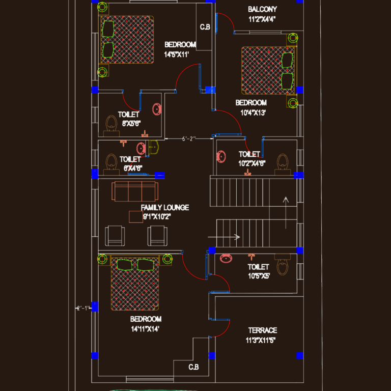 Architectural floor plan for a house including bedroom layouts, toilets, and foundation reinforcement details.