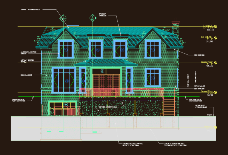Two-story residential east elevation with brick cladding