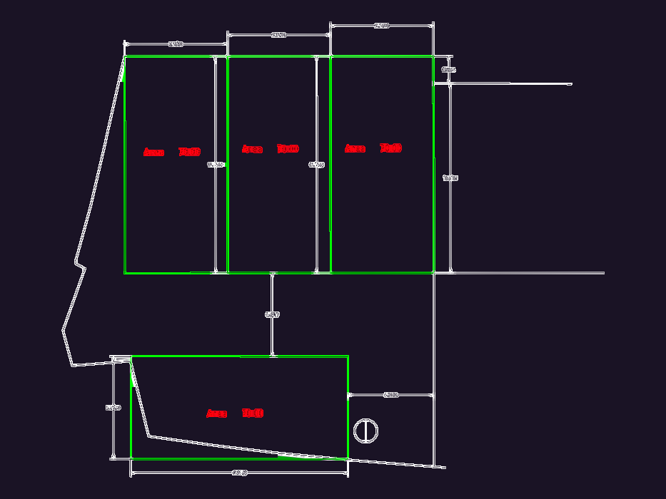 CAD drawing showing four garden plots of 70 square meters each with dimensions and tree block locations.