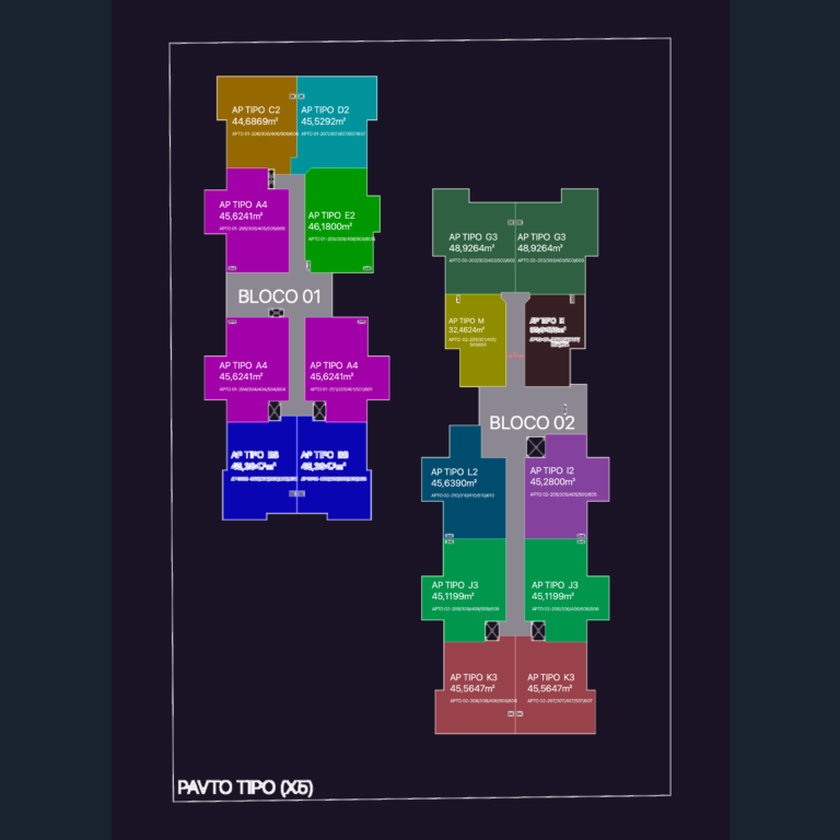 Color-coded area diagram for two residential blocks showing apartment unit layouts and square meterage.