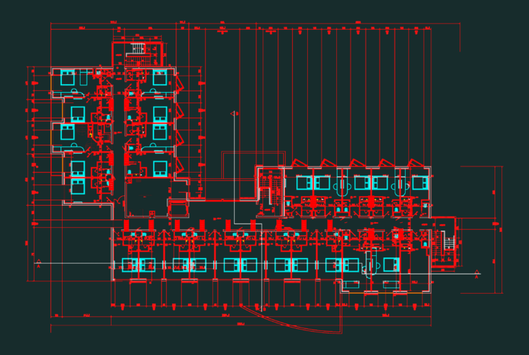 Architectural floor plan of a hotel level showing guest rooms with ensuite bathrooms and hallway circulation.
