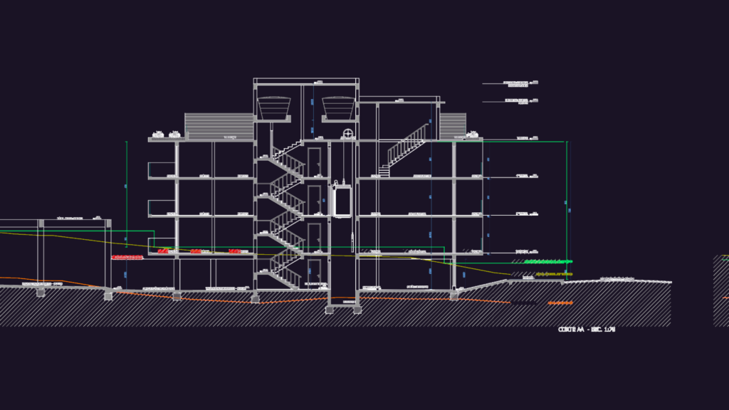Architectural floor plans, sections, and elevations for a four-story multi-family residential building.