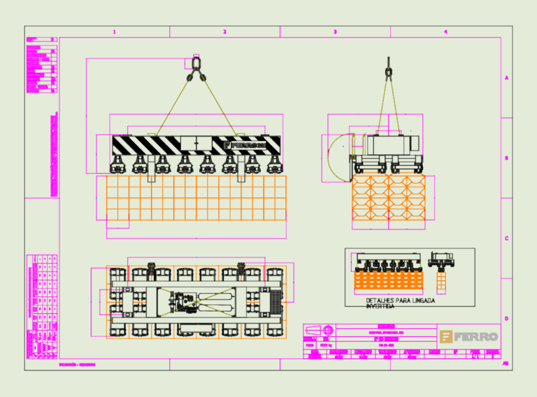 Technical mechanical assembly drawing of a FERRO 32t gripper spreader showing front, side, and plan views.