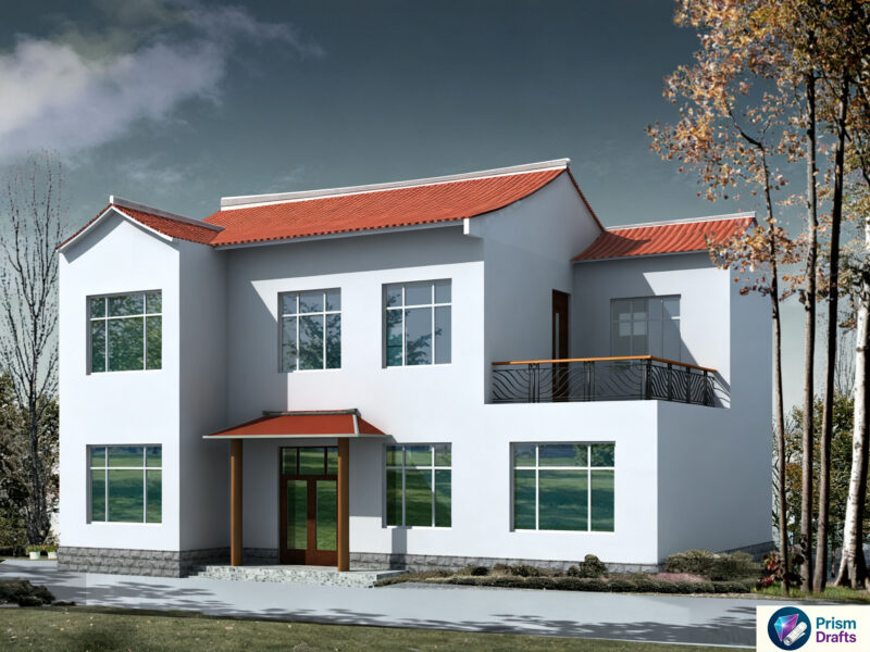 2‑Story New Chinese Style Villa CAD Construction Drawings, 222㎡ Rural House Plans With 3D Rendering, Floor Plans & Elevation Drawings, With Terrace