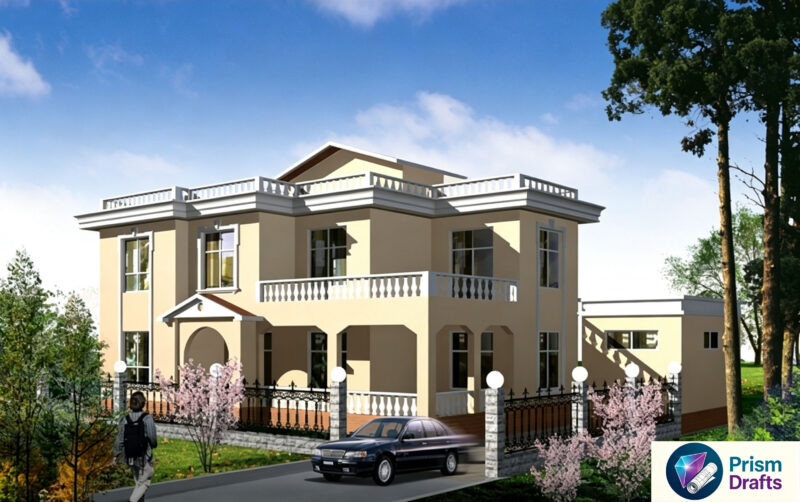 2‑Story European Country Villa CAD Drawings, Rural Single‑Family House Plans With 3D Rendering, Floor Plans, Elevations, Section View, Roof Plan & Door‑Window Schedule