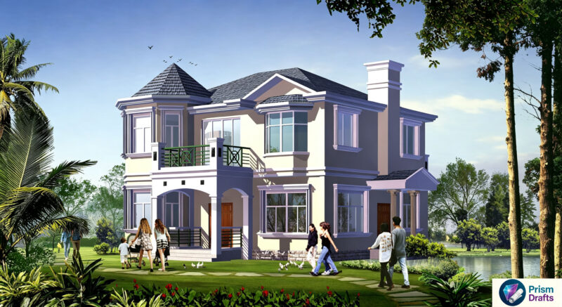 Two‑Story European Villa Complete CAD Drawings, Country House Plan with Spiral Staircase & Terrace