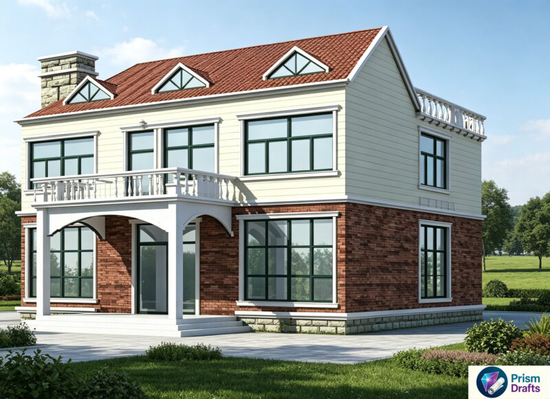 2‑Story American Country House Complete CAD Construction Drawings, Villa Home Building Plans with Rendering