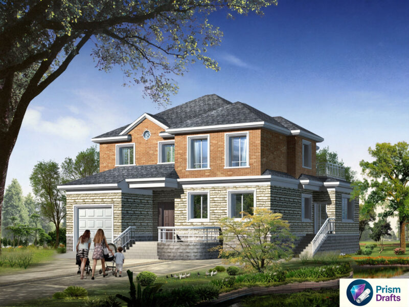 Modern Brick‑Stone Two‑Story Detached Villa CAD Drawings | 220.97㎡ Country Self‑Build House Plans With Garage, Maid Room, Walk‑in Closet & Two Large Roof Terraces