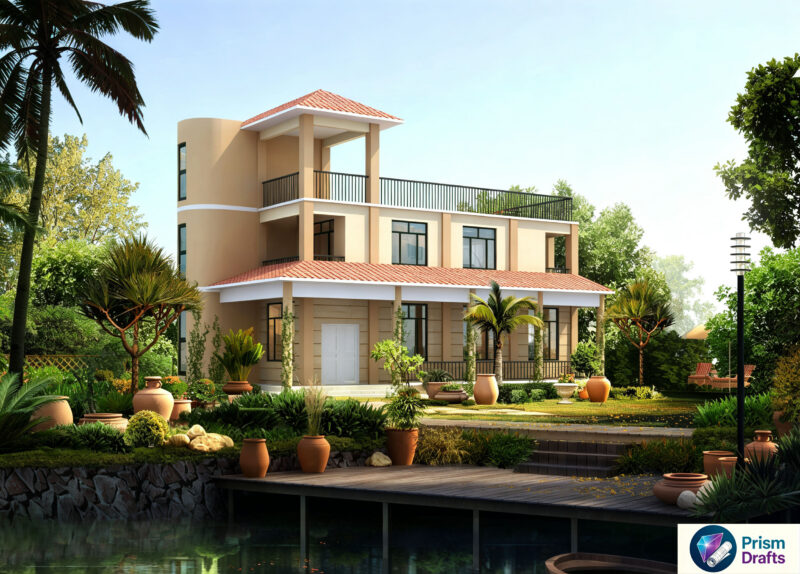 2‑Story Rural House Complete CAD Construction Drawings | Large Width Farm Villa with Farm Auxiliary Outbuilding