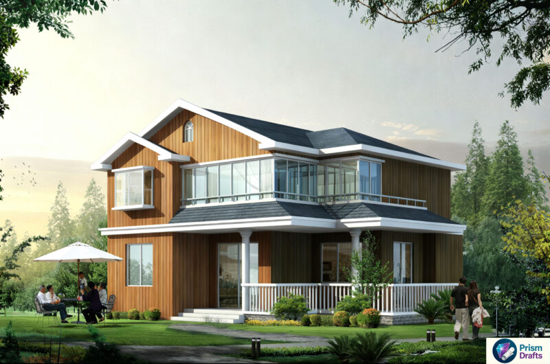2‑Story American Country‑Style Log Villa Complete CAD Construction Drawings, Rural House with Sunroom & Terrace, Ready‑to‑Build