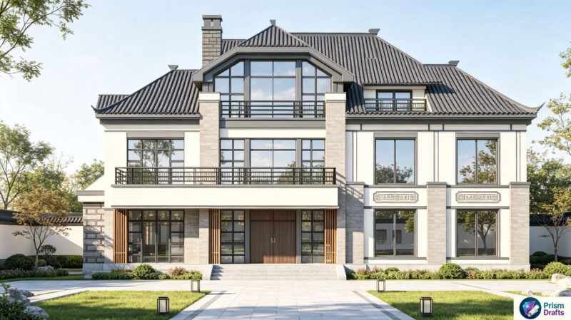 New Chinese Style 3‑Story Villa Complete CAD Construction Drawings, Rural Private House Layout, Floor Plans, Elevations, Sections, Detail Drawings for Building Construction