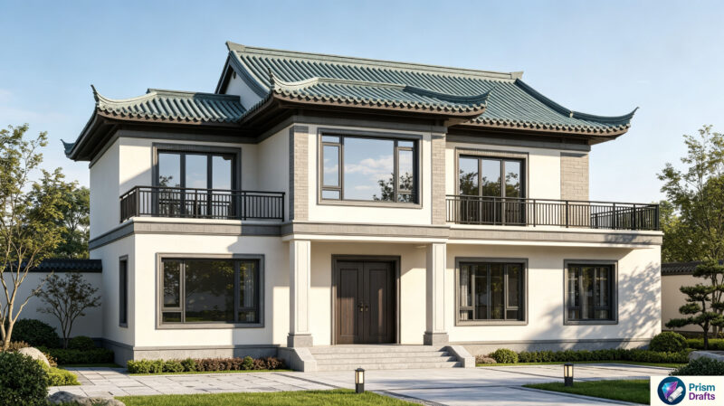 New Chinese Style 2‑Story Villa Complete CAD Construction Drawings,19.2m×13.2m Rural Self‑Build House With Double‑Car Garage,Floor Plans,Elevations,Sections & Roof Details