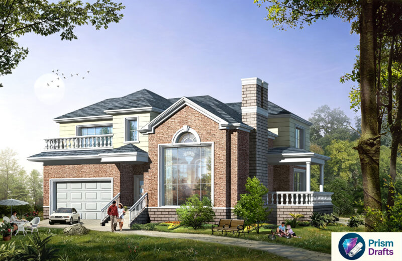 Two‑Story American Villa Complete CAD Construction Drawings, Total Building Area 352.58㎡, With Garage & Walk‑in Closet, DWG House Blueprint for Rural Self‑Build