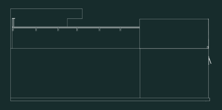 2D side elevation drawing of a 10-meter modular unit with a rooftop railing and window details.