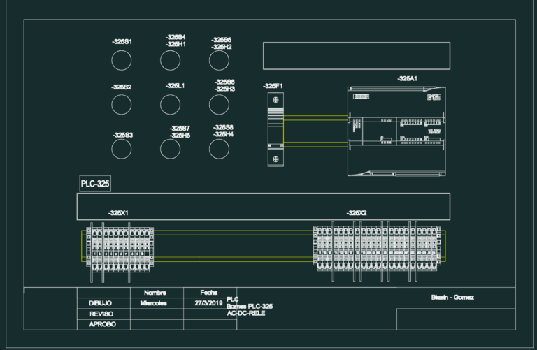 Siemens PLC electrical control panel layout with S7-1200 CPU, terminal blocks, and pilot lights.