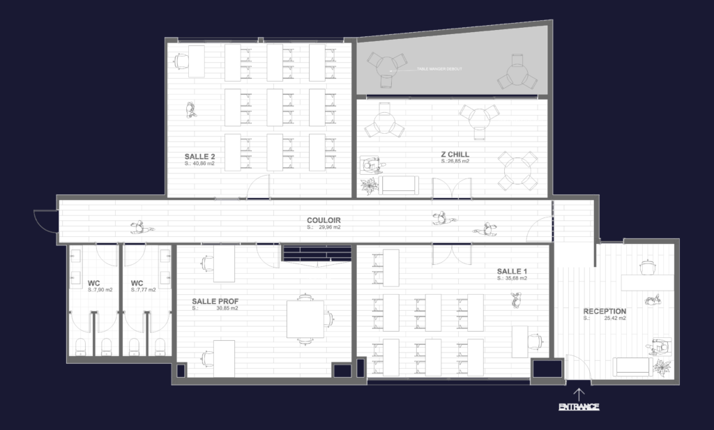 Floor plan for a school building showing furniture layout for classrooms, a chill zone, reception and staff areas.