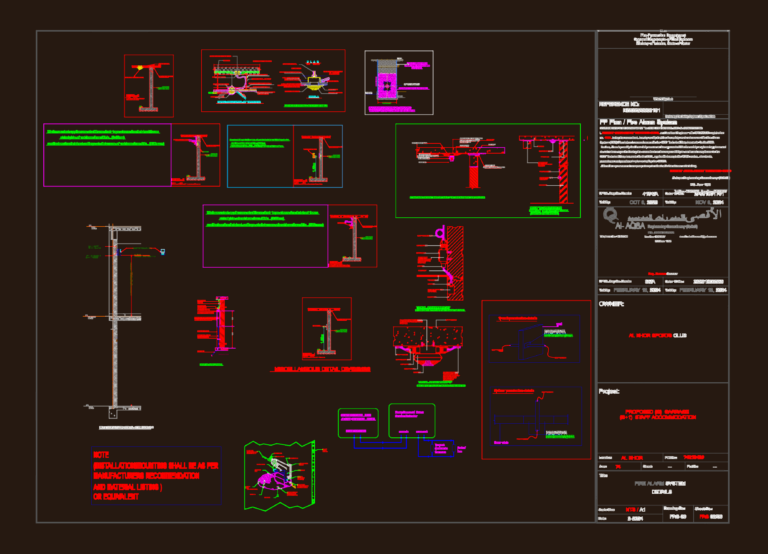 Detailed fire alarm system installation drawings and wiring diagrams for a commercial building project.
