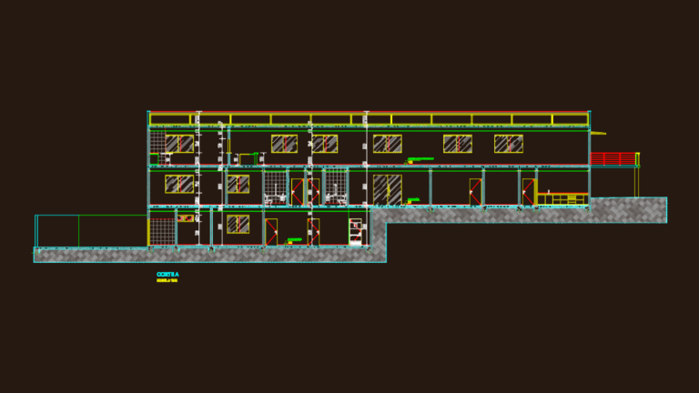 Architectural section of a three-story medical clinic showing stairs, elevator shaft, and room layouts.