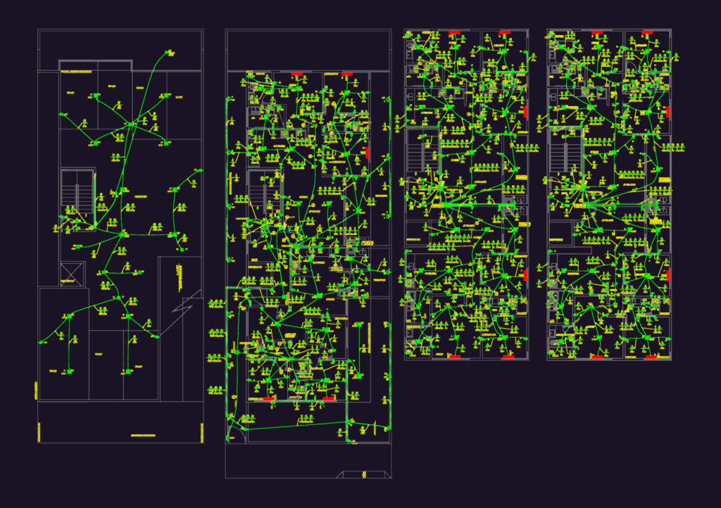 CAD drawing of residential electrical circuits, lighting symbols, and material tables for an apartment project.