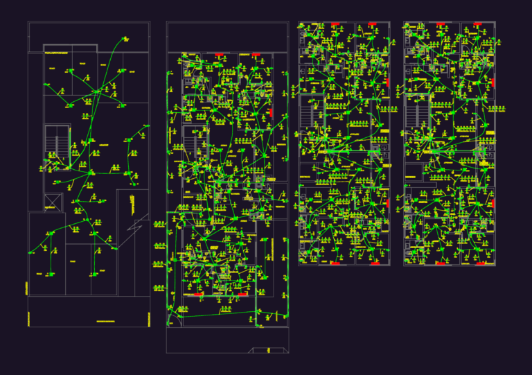CAD drawing of residential electrical circuits, lighting symbols, and material tables for an apartment project.