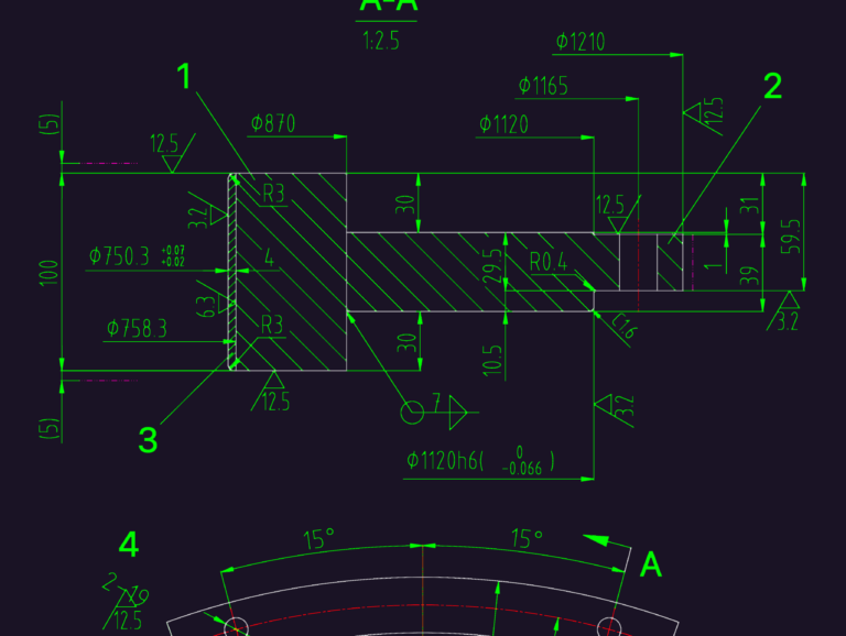 Technical mechanical section and efficiency characteristic curve for a 23.53 MVA generator.