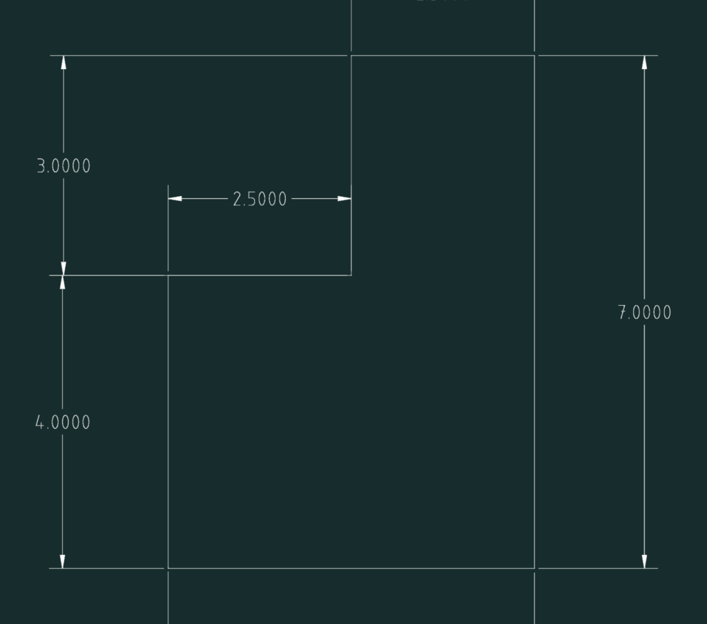 2D CAD profile of a notched rectangular component with dimensions 7.00, 4.00, 3.00, and 2.50.