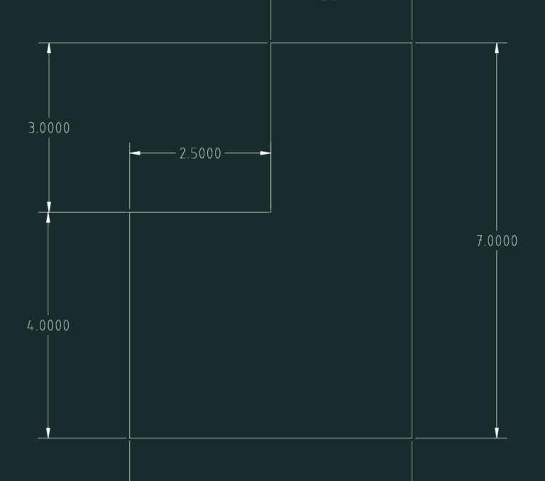2D CAD profile of a notched rectangular component with dimensions 7.00, 4.00, 3.00, and 2.50.