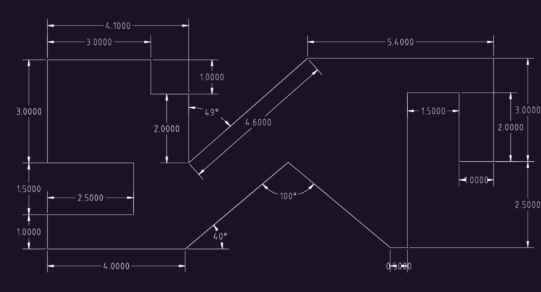2D CAD profile of a geometric shape with various linear and angular dimensions.