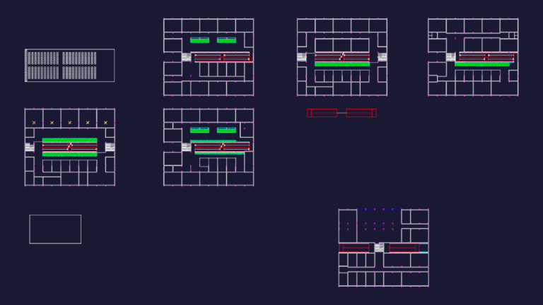 CAD floor plans of a multi-story apartment building and a theatre seating arrangement block.