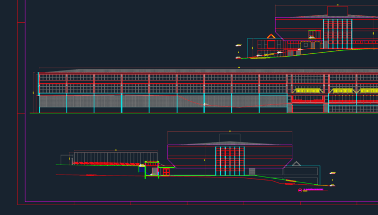 2D architectural elevations of university buildings A and B showing multiple facade views and site topography.
