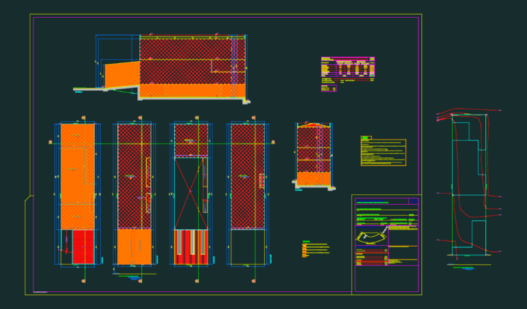 Architectural regularization project for a commercial building showing multi-level floor plans and sections.