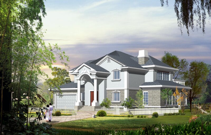 Two‑Story Detached Villa CAD Drawings | 326.7 ㎡ Country House Plans, With Garage & Large Terrace, Complete Floor & Elevation Drawings