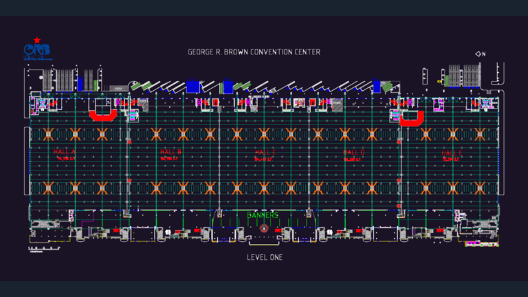 Level one floor plan of George R. Brown Convention Center showing halls A through E and loading docks.