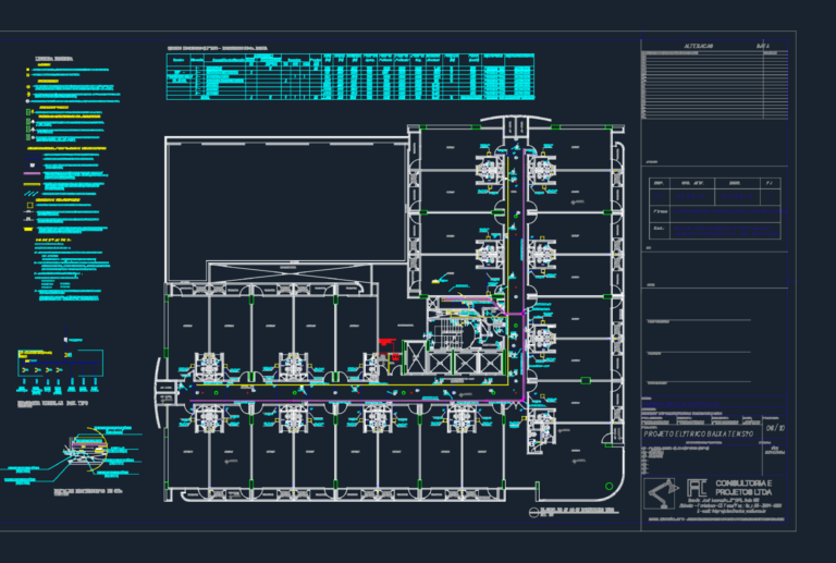 Electrical floor plan layout for a medical center showing lighting, sockets, and single-line diagrams.