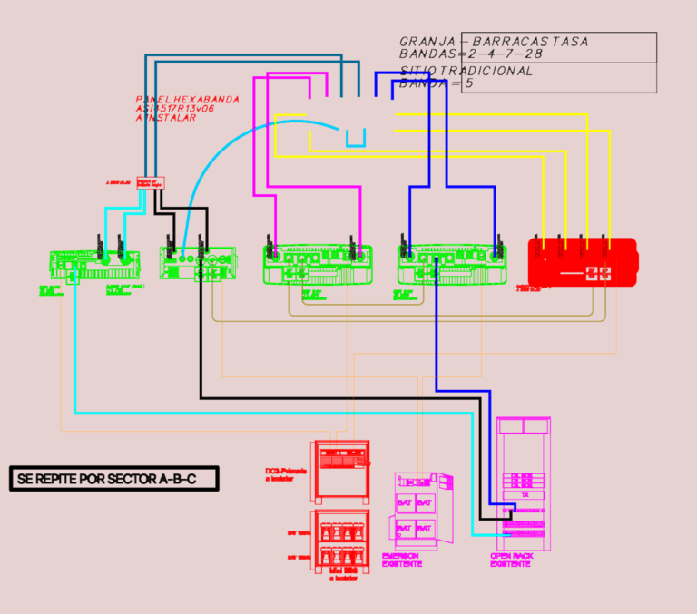 Technical CAD layout of a telecommunications site with tower elevations and equipment diagrams.