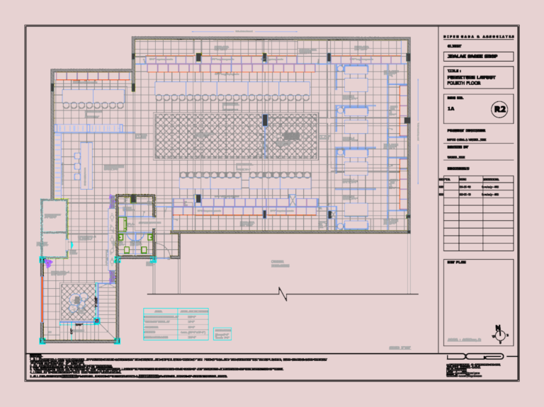 Architectural furniture layout plan for a 4670 sq ft saree shop featuring display racks and customer studios.